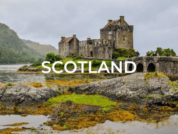 Category selection image that says "Scotland" with a photo of castle ruins on the shore of a loch.