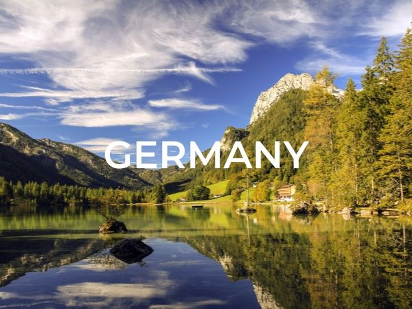 Category selection image that says "Germany" with a photo of a lake surrounded by lush green trees.